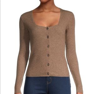 Vince Square Neck Wool Cashmere Ribbed Cardigan